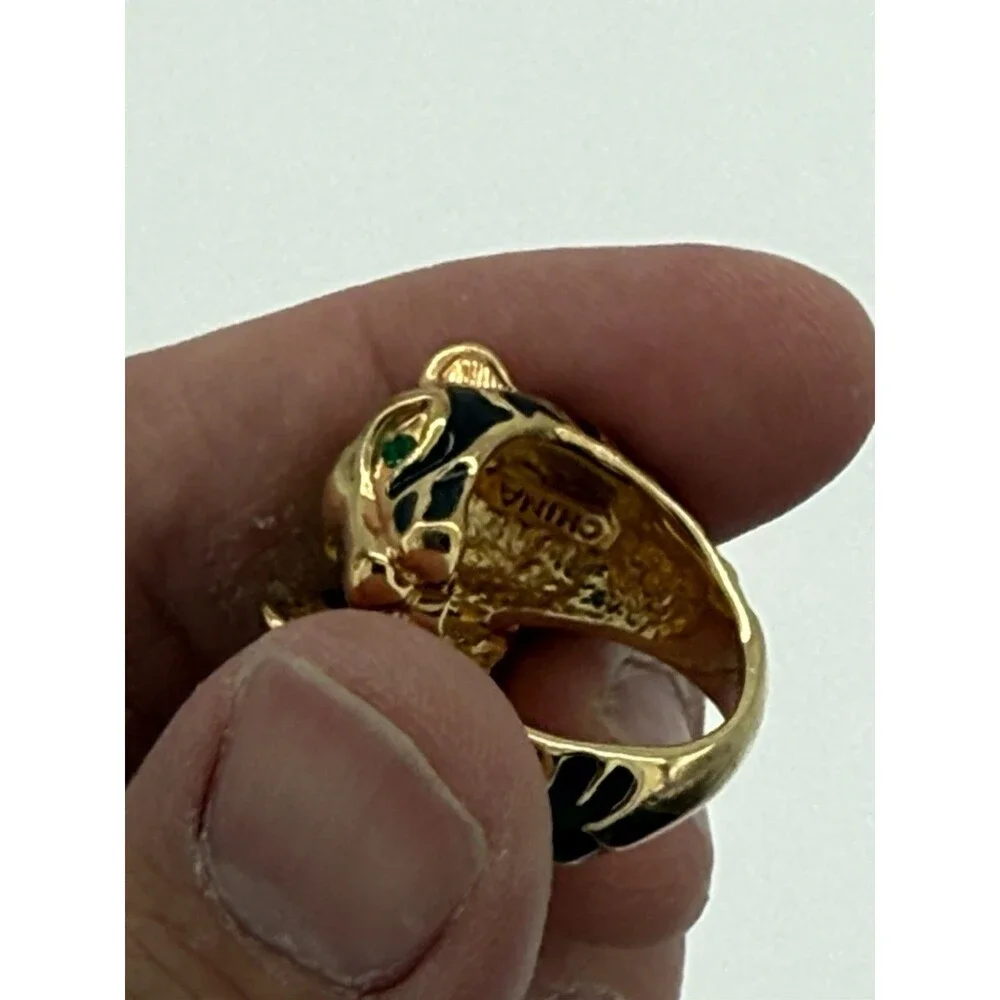 Gold Tone Cheetah Bypass Ring Cheetah Print Green Crystal Eyes China Sz 7.25